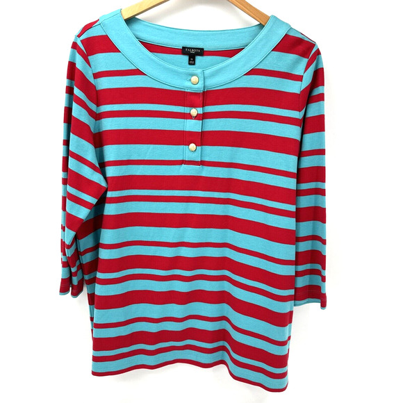 Talbots Shirt Womens 1X Blue Red Striped Coastal Pullover Gold Button 3/4 Sleeve - Picture 1 of 6